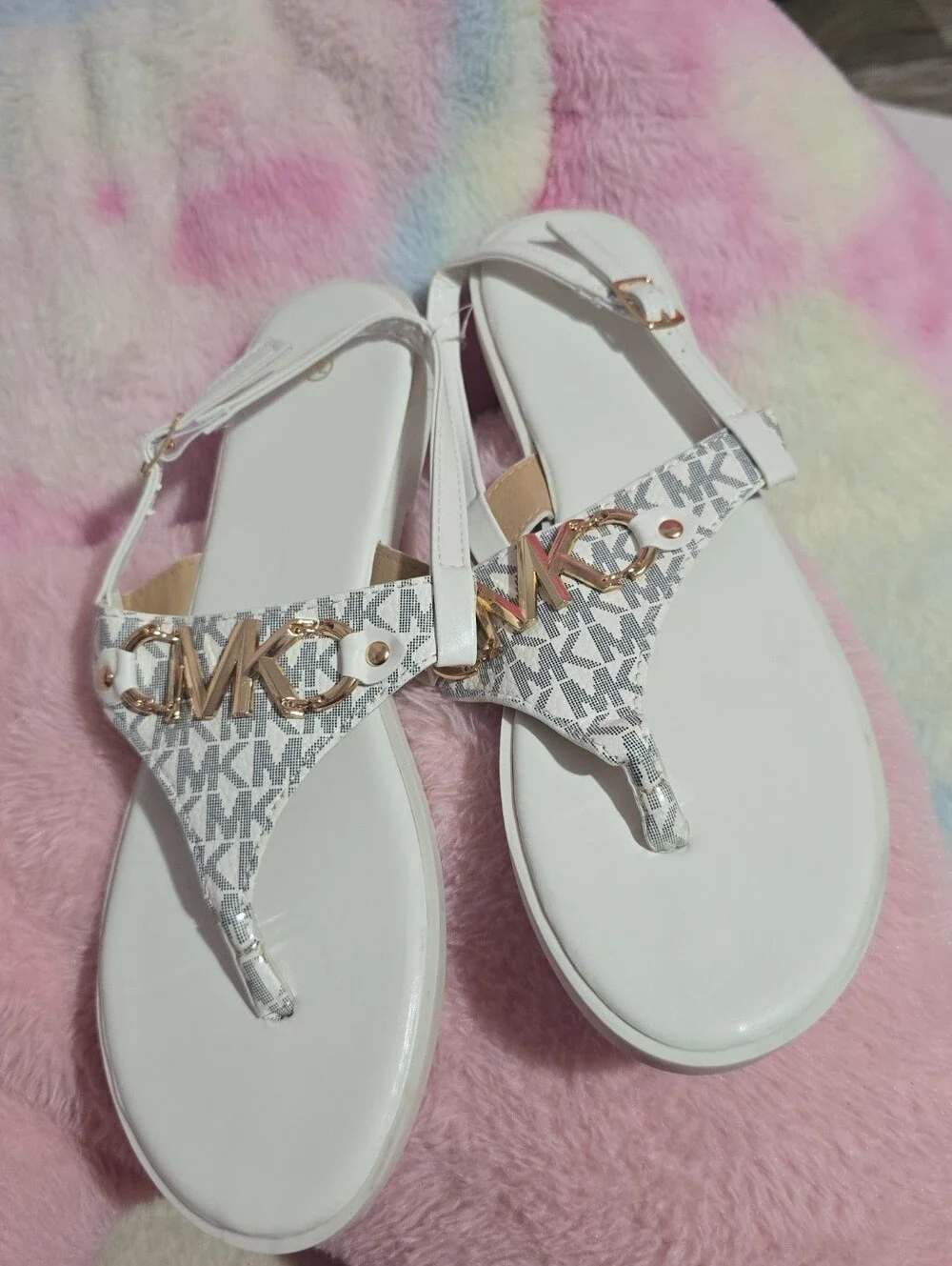 White Logo-Pattern Women's Slingback Sandals with Gold Accent